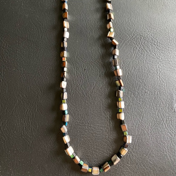 Jewelry - Iridescent Shell & Black Crystal Necklace